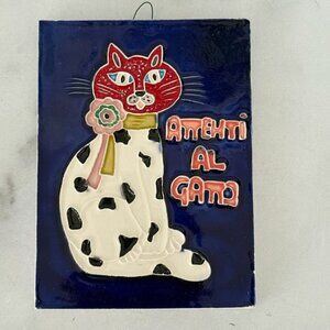Beware of Cat Ceramic Wall Plaque "Attenti Al Gatto" Cat Design Made In Italy
